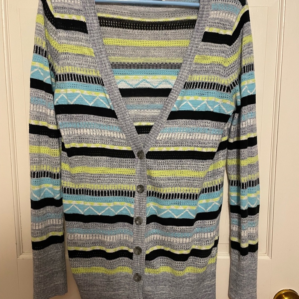 Mossimo Supply V-Neck Striped Button-Front Women's Sweater - Gray, Black & Aqua